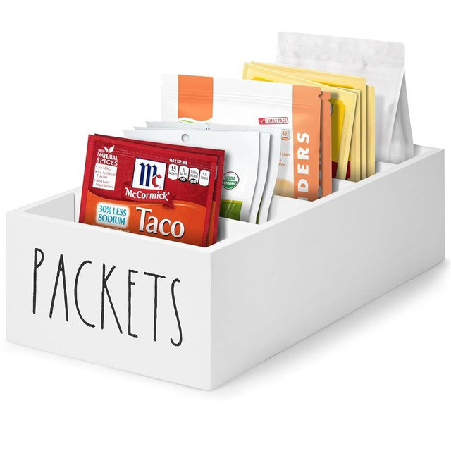 Seasoning Packet Organizer, Spice Packet Storage Organizer with 5 Compartments, Wooden Food Packet Organizer, Caddy Storage for Kitchen Pantry Cabinet, Modern Kitchen Organization Bins (White)