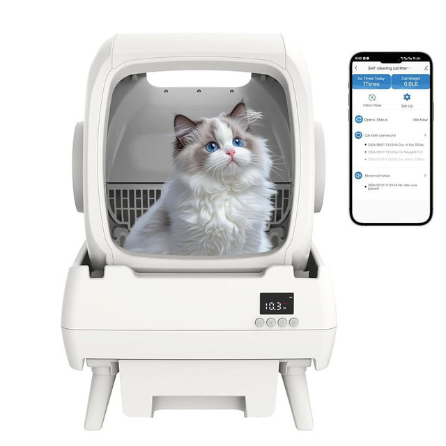 FRCFRC Automatic Cat Litter Box Self Cleaning - App Control, Cat Toilet Records, Suitable for Medium Cats and Kittens, Anti-Pinch Safety, Low Noise Operation【Assembly Required】- White
