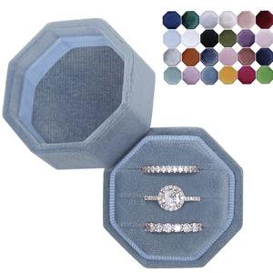 Velvet 3 Slots Jewelry Ring Box Engagement Wedding Box Keepsake Box Bridal Photo Ring Triple Slots Octagon (Ocean Blue)