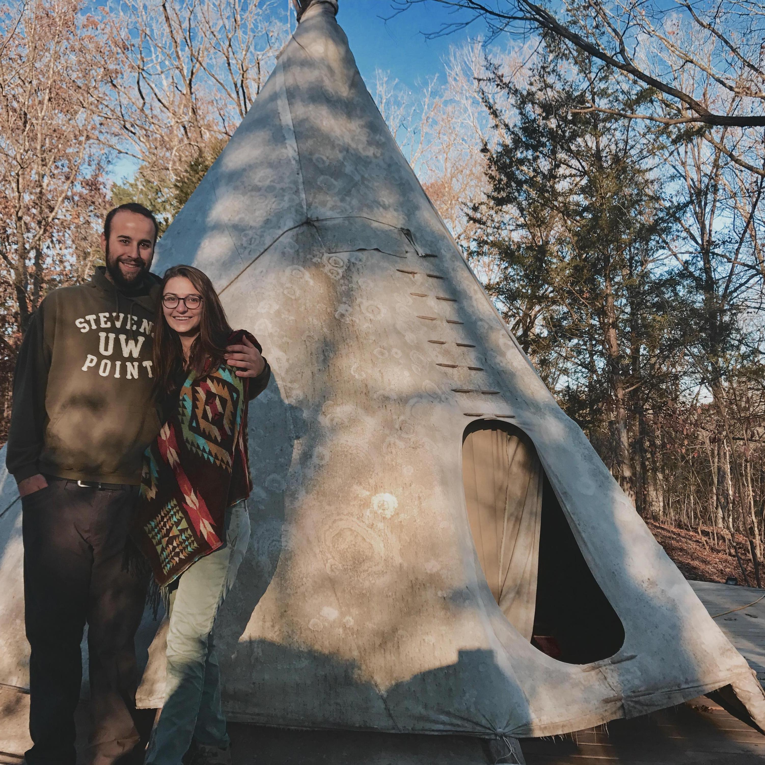 Celebrating their first Thanksgiving in 2017 in The-middle-of-nowhere, Missouri. 
"The t-pee was neat & all, but never again" -Jacque 
"It was like sleeping outside but colder" -Dan