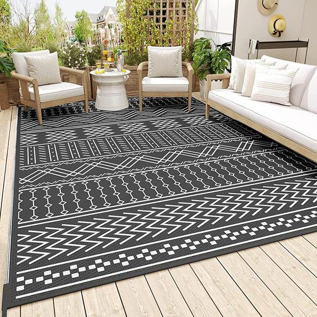 Outdoor Rug Carpet Waterproof 8x10ft Patio Rug Mat Indoor Outdoor Area Rug for RV Camping Picnic Reversible Lightweight Plastic Straw Outside Rug for Patio Decor Decoration Boho Rug Black White