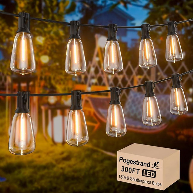 Outdoor String Lights 300ft Waterproof Shatterproof Patio String Lights for Outside with 159 Vintage ST38 LED Bulbs(9 Spare), Dimmable Hanging Lights for Backyard Porch Balcony Party Decor, Warm White