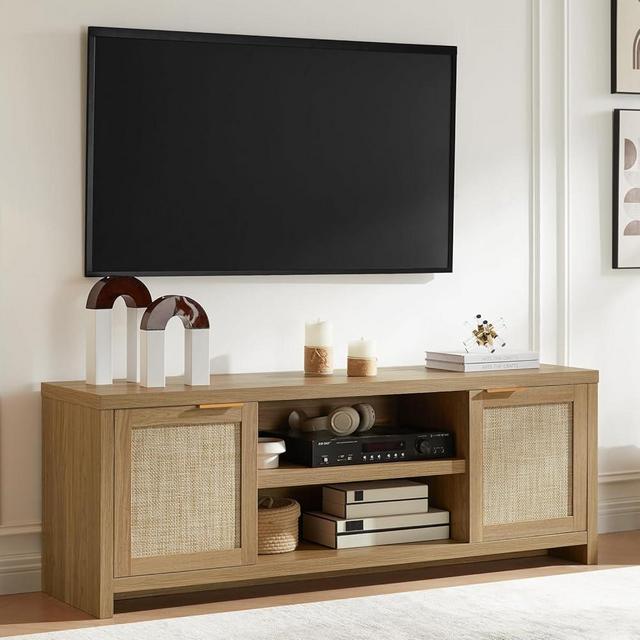 OAKHAM HOME Hampstead Mid Century Modern TV Stand for Living Room, Entertainment Center for 65 inch TV,2 Rattan Doors Cabinet Media Console, TV Console Table (Weathered Oak)