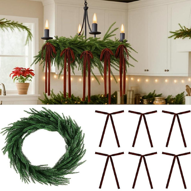 Janinka 5ft Christmas Norfolk Pine Garland Chandelier Decoration with 8 Pcs Brown Velvet Bow, Realistic Christmas Pine Greenery Garland for Chandelier Mantle Table Stairs Indoor Outdoor Xmas Winter