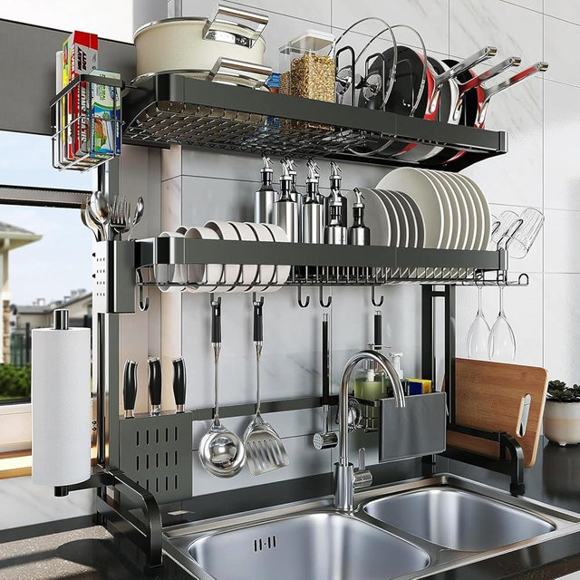 LIVOD Over The Sink Dish Drying Rack,3 Tier Adjustable Length Full Stainless Steel Large Storage Kitchen Dish Rack,for Kitchen Counter Expandable Multifunctional Organizers,Silver (25.5'' to 37.6'')
