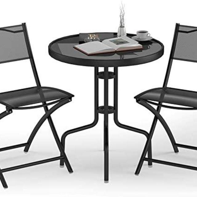 Giantex 3 Pcs Bistro Set Garden Backyard Round Table Folding Chairs - Black