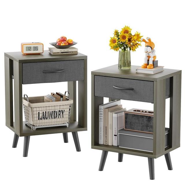 GYIIYUO Nightstand Set of 2 with Fabric Drawers and Open Shelves - Gray Bedroom Side Tables
