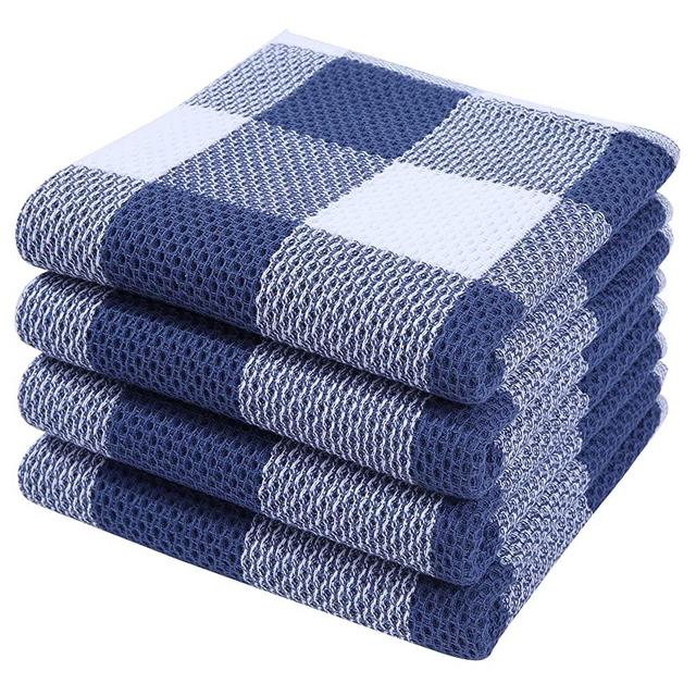 Homaxy 100% Cotton Waffle Weave Check Plaid Kitchen Towels, 13 x 28 Inches, Super Soft and Absorbent Dish Towels for Drying Dishes, 4-Pack, White & Navy Blue