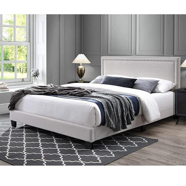 DG Casa Ocean Upholstered Platform Bed Frame with Nailhead Trim Headboard and Full Wooden Slats, Queen Size in Beige Fabric