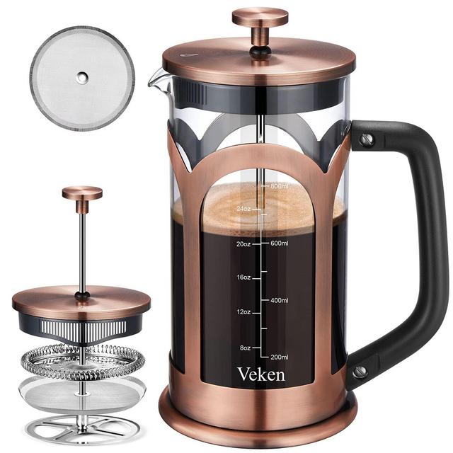 Veken French Press Coffee Tea Maker, 304 Stainless Steel Heat Resistant Borosilicate Glass Coffee Press, Durable Easy Clean 100% BPA Free, 34oz, Copper