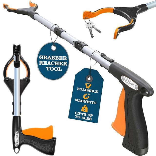 EZPIK Pro 36" Flexible Folding Grabber Tool for Elderly + Magnets, Reacher for Disabled & Seniors Heavy Duty Rotating Grippers for Reaching Underneath, Trash Grabbers & Dressing Stick