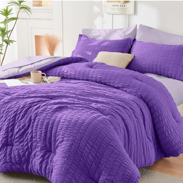 HYMOKEGE Dark Purple/Lavender King Size Comforter Set Seersucker 7 Pieces, All Season Luxury Bed in a Bag for Bedroom, Bedding Set with Comforter, Sheets, Pillowcases & Shams