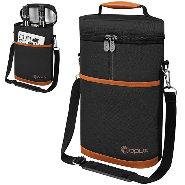 OPUX 2 Bottle Wine Bag Tote Carrier | Leakproof Insulated Wine Cooler Bag for Travel, BYOB, Picnic | Padded Portable Wine Bottle Bag for Dinner Party, Christmas Gift for Wine Lovers, Women, Men, Brown