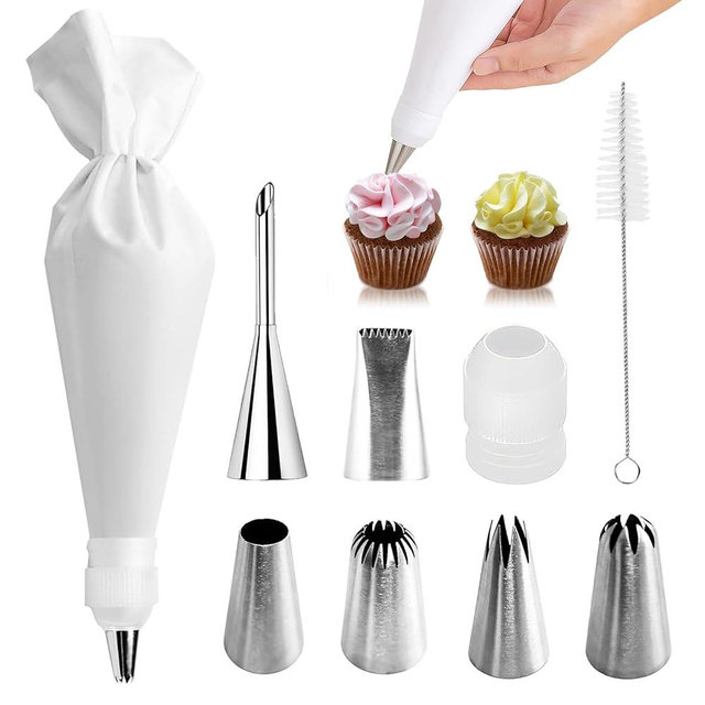 9-Piece Reusable Piping Bags and Tips Set-16inch Cotton Baking Kit with Coupler, Stainless Steel Nozzles & Cleaner for Cakes/Cupcakes/Cookies Decorating