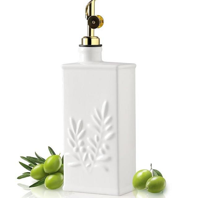Sweejar Ceramic Olive Oil Dispenser Bottle for Kitchen, 17 Oz Relief Opaque Oil and Vinegar Dispenser Bottle with Spout, Suitable for Soy Sauce, Coffee Syrup, Liquids (White)