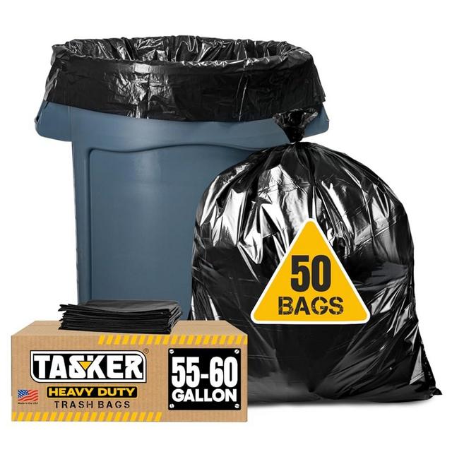 Tasker Contractor Garbage Bags 55 Gallon | Value 50 Trash Bags w/Ties | Extra Large Industrial Trash Bags 55 Gallon, Lawn and Leaf Bags, Extra Large Outdoor Contractor Trash Can Liners, 50-60 Gallon