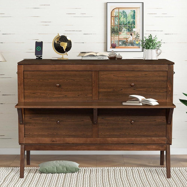 DNChuan Queen Size Murphy Cabinet Bed with Desk and USB-Port,Foldable Murphy Chest Dresser Bed with Removable Shelves on Each Side for Guest Room,Small Space-Walnut
