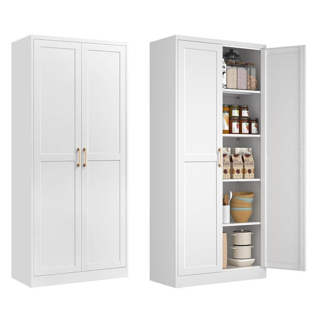 Polup White Kitchen Pantry Cabinet, Pantry Storage Cabinet with Doors and Adjustable Shelves, Metal Food Pantry Cabinets with Handle, 71" Tall Freestanding Cupboard for Living Room-Assemble Required