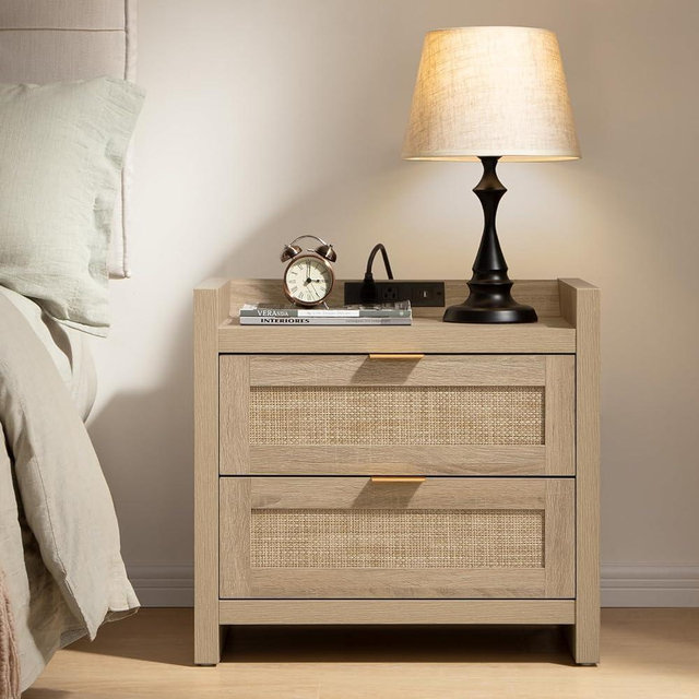SICOTAS Rattan Nightstand Bedside Table - Night Stand with Type-C Charging Station, 2 Drawers Storage - Boho Night Stands End Table for Bedroom - Light Oak