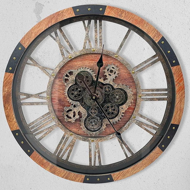 DORBOKER 24" Large Wall Clock with Moving Gears,Oversize Vintage Industrial Rustic Farmhouse Clocks for Living Room Decor Office Home,Solid Wood HD Tempered Glass Cover,Brown