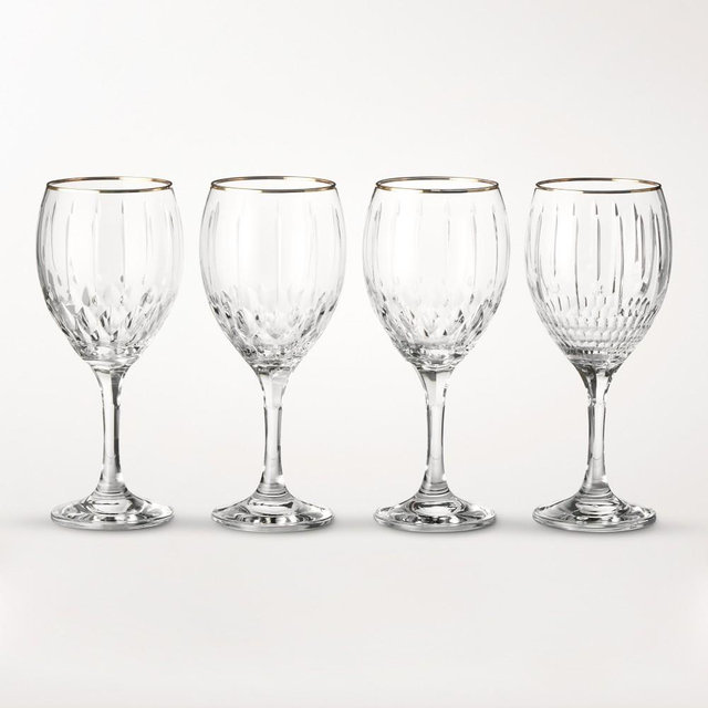 Wilshire Jewel Cut Gold Rim Wine Glasses, Set of 4