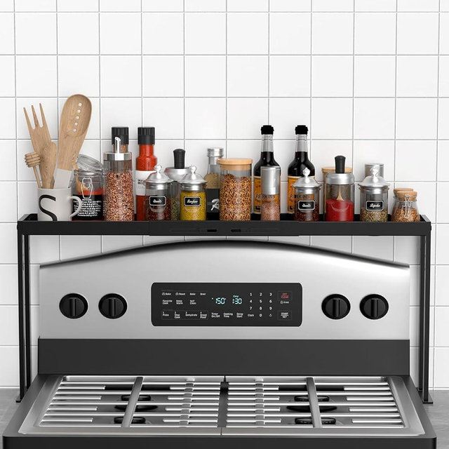 BOIVSHI Stove Top Shelf, Kitchen Over Shelf for Stove, Stove Spice Rack for Top, Adjustable 27-33inch, Fits Various Stove Lengths, Kitchen Spice Organizer, Condiments and BBQ Sauces, Black