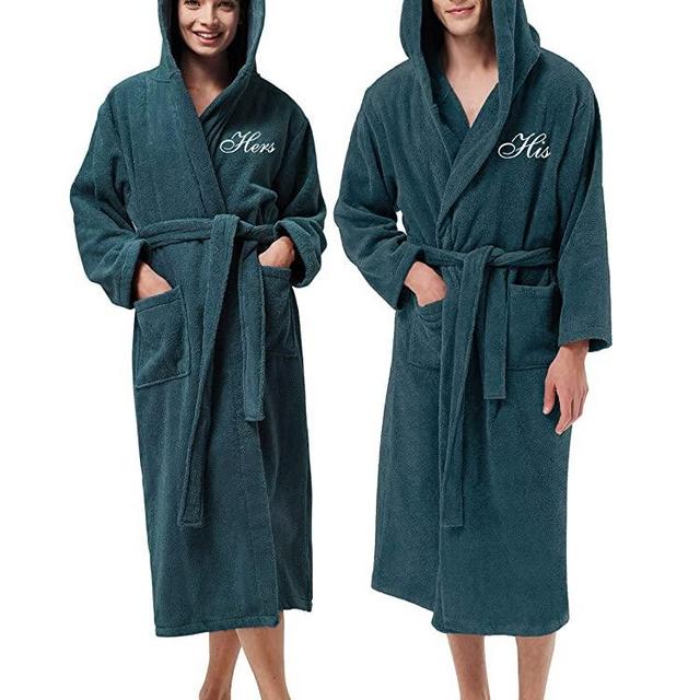 AW BRIDAL Terry Cloth Robe Hooded Bathrobes Turkish Cotton Towel Robe Lightweight with Embroidery for Men Women