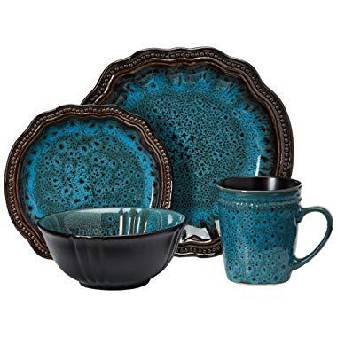 Elama Mystic Waves Round Oval Stoneware Fine Dining Dinnerware Dish Set, 16 Piece, Ocean Blue with Brown Accents