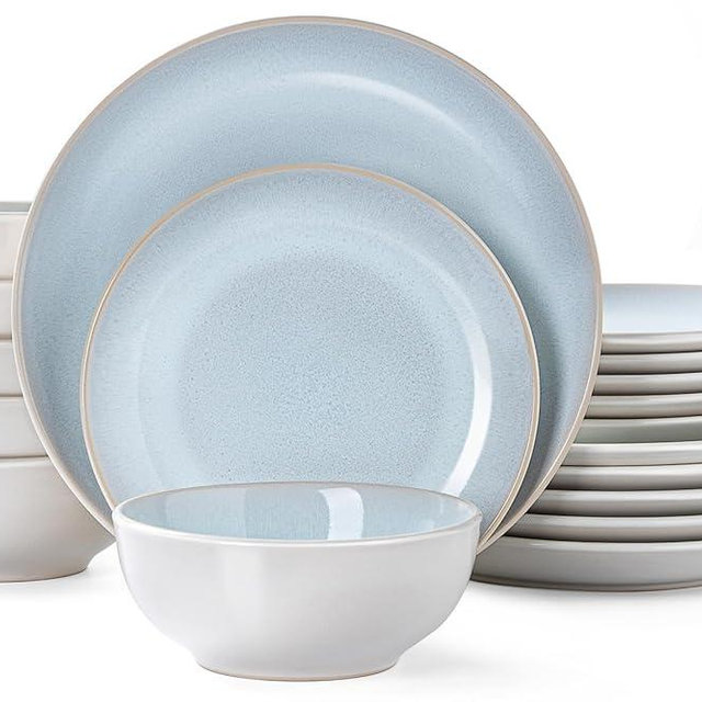 Plates and Bowls Sets for 6 - CJDC-QUELO 18-Piece Stoneware Dinnerware Sets, Ceramic Dishware Set for Kitchen Use and Formal Dining, Chip and Scratch Resistant Microwave Dishwasher Safe, Off White