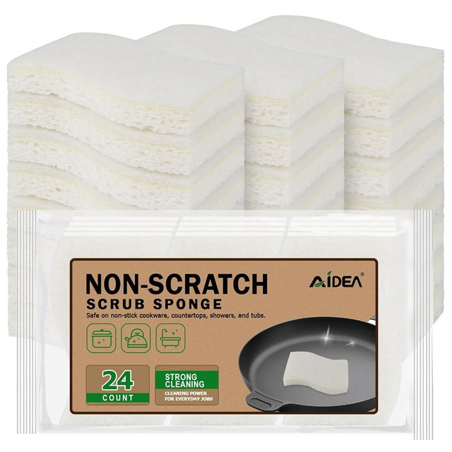 AIDEA Non-Scratch Scrub Sponge-24Count, Sponges Kitchen, Natural Sponge for Non-Stick Cookware, Cellulose Sponges for Dishes, Cleaning Power for Kitchen, Bathroom, Household