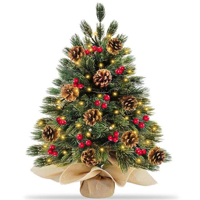 24 Inch 50 LED Thick Tabletop Prelit Christmas Tree Realistic Feel with Lights Timer Battery Powered 10 Pine Cone 30 Red Berries Artificial Xmas Spruce Tree Christmas Decorations Indoor Home Party