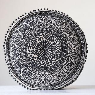Large Round Cotton Chambray Pouf with Pom Poms