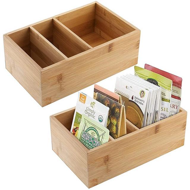 YOUEON Set of 2 Bamboo Spice Packet Organizers with 3 Divided Sections, Food Packet Organizer Bins for Pantry Organization, Bamboo Storage Box, Storage for Pouches, Soups, Seasoning, Snacks