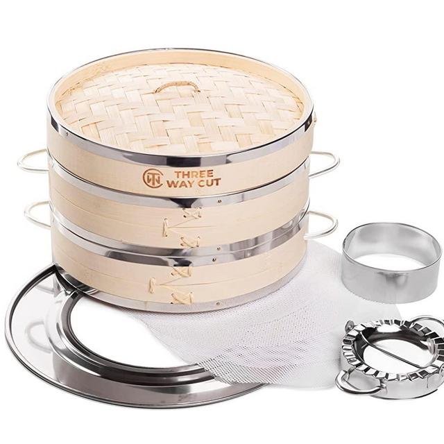 Dumpling Bamboo Steamer 10 Inch 2 Tier Wooden Basket With Handle, Ring Adapter, Reusable Silicone Liner, Kit For Cooking Baby Bao Bun, Dim Sum, Rice Potsticker Steaming Chinese Asian Food & Vegetables
