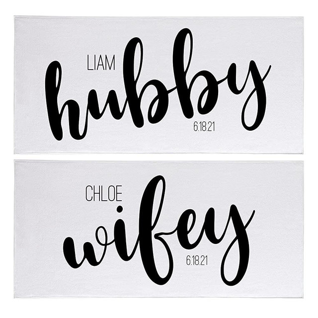 Let’s Make Memories Personalized Hubby and Wifey Beach Towels - Set of 2 - for Newlyweds - Customize Names, Date
