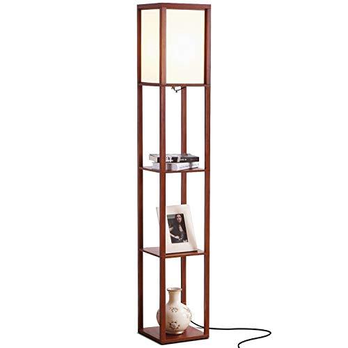 Brightech Maxwell - Modern LED Shelf Floor Lamp - Skinny End Table & Nightstand for Bedroom - Combo Narrow Side Table with Standing Accent Light Attached - Asian Tower Book Shelves - Walnut Brown