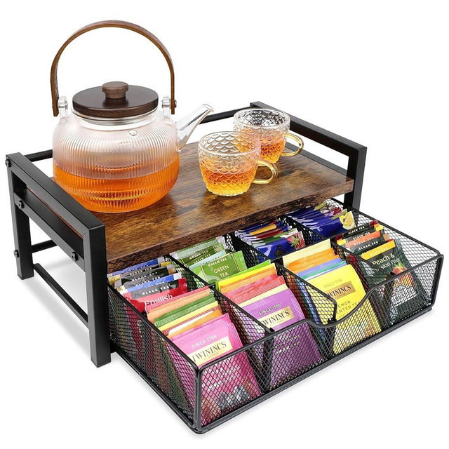 Happilif Tea Bag Organizer, Tea Bag Holder Organizer with 8-Compartment Adjustable Drawer, Wood & Metal Tea Box Organizer Chest for Countertop Kitchen, Office