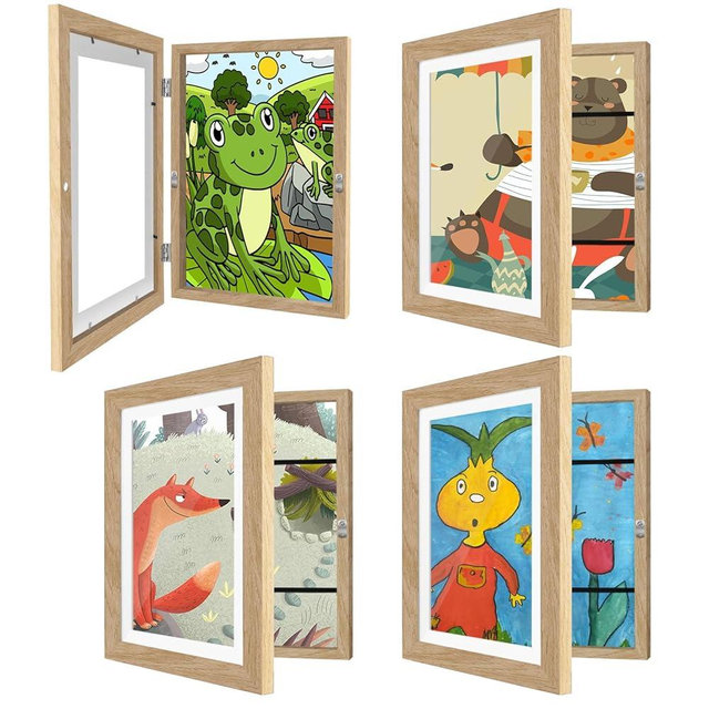 IMMERROT 4 Pack Kids Art Frames 8.5x11 Inch Kids Artwork Flip Frame Changeable for Picture Display, Children School Drawing Projects Storage, Horizontally Vertically Wall Hanging, Front Opening, Wood