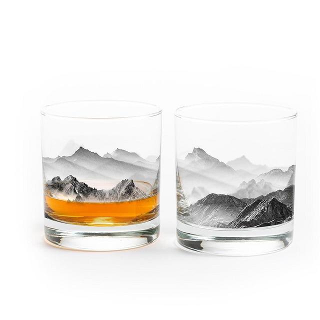 Black Lantern Whiskey Glass Set - Old Fashioned Glasses for Cocktails Whisky Scotch and Bourbon - Set of 2 Rock Glasses for Nature Lovers - Two Premium 11oz. Glasses (Mountains & Clouds)