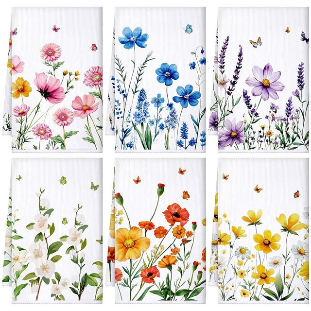 Geyoga 6 Pieces Wildflower Kitchen Towels Set Absorbent Dish Towels Decorative Tea Washcloth for Spring Summer Kitchen Bathroom Home Decor, 16 x 24 Inch