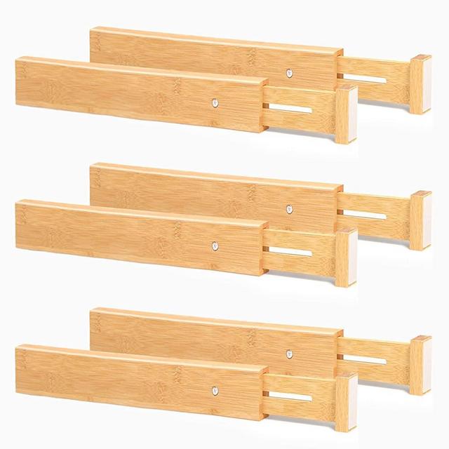 WOOD CITY 6 Pack Drawer Dividers, Bamboo Kitchen Utensils Drawer Organizer, Built-in Spring with Rubber Anti-Slip Mats, Adjustable Storage Recommended for 18" - 20" Depth Drawers