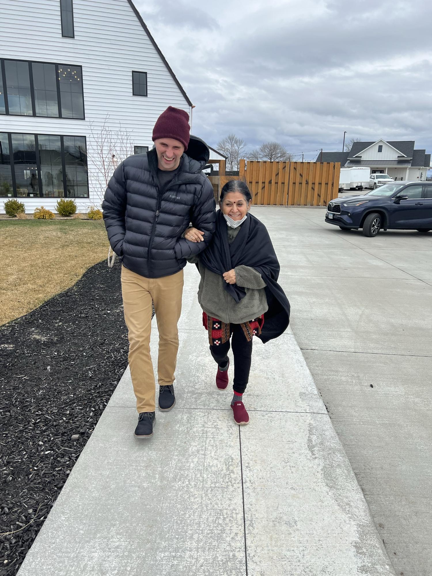 Ammama (Chandini’s grandma) holding onto her dear grand son-in-law to avoid being blown away by the Iowa winds.