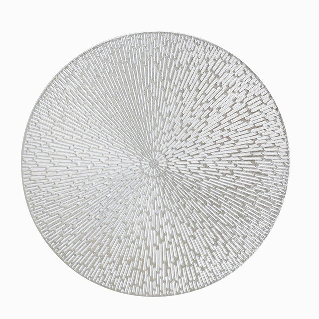 Snowkingdom Silver Round Placemats Set of 6, 15 Inch Metallic Pressed Vinyl Place Mats, Easy Clean Non Slip Heat Resistant Washable PVC Hollow Out Table Mats for Dinner Party Table Decoration