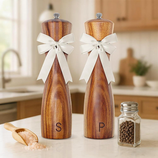 DZDOV Wedding Gifts for Couples 2026: Acacia Wood Salt and Pepper Grinder Set with Bow Design - Kitchen Counter Decor