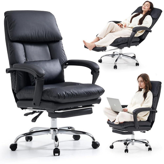EMIAH Office Chair with Foot Rest, Ergonomic Executive Office Chair with Arms, Reclining High Back PU Leather Comfy Swivel Computer Desk Chairs with Wheels and Lumbar Support for Home Office, Black