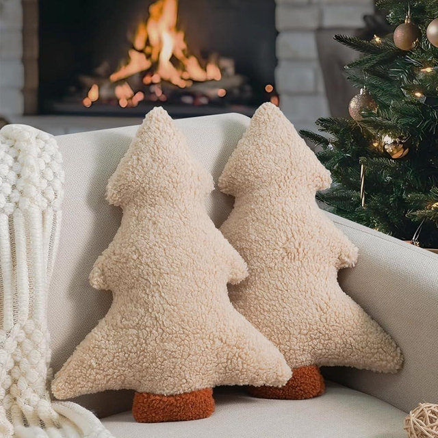 Artmag Christmas Pillows, Decorative Christmas Tree Pillow Set of 2 Stuffed Tree Shaped Plush Pillow for Holiday Party Sofa Living Room Decoration (13" x 10.5", Beige)