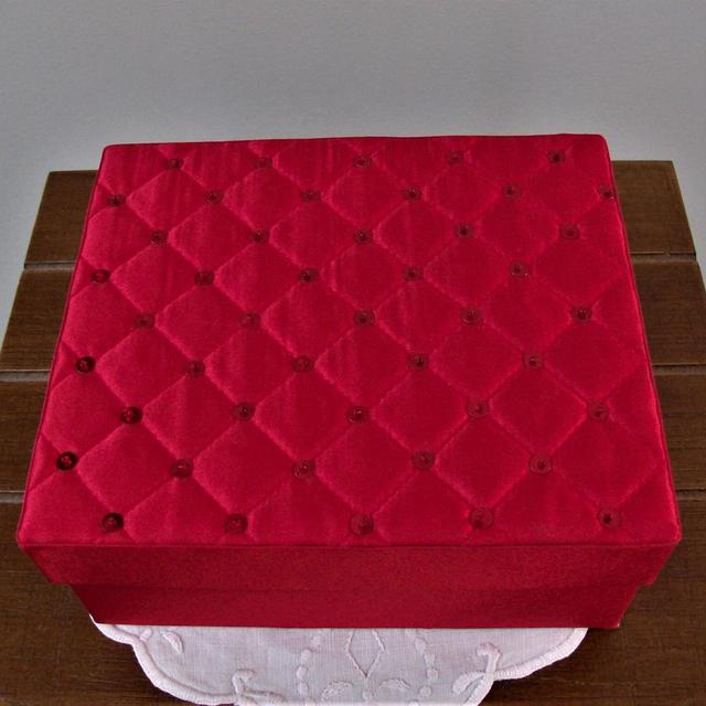 Red Satin Box, Quilted Sequins Boudoir/Bathroom Storage Immaculate & Flawless