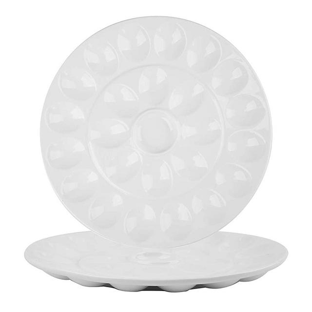 Foraineam 2 Pack 12.6 Inches Porcelain Deviled Egg Tray / Platter, White Egg Dish with 25 Compartments