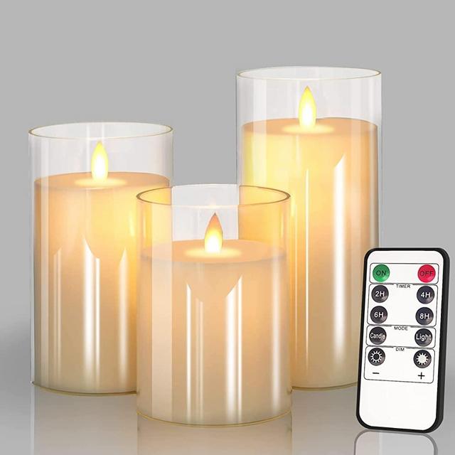 Glass Battery Operated LED Flameless Candles with Remote and Timer, Real Wax Candles Warm Color Flickering Light for Festival Wedding Home Party Decor(Pack of 3)-Lvory White