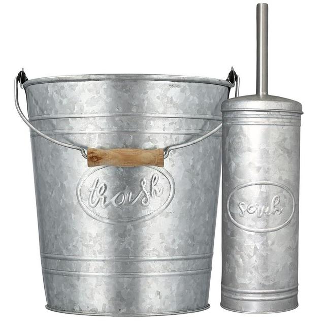 Autumn Alley Farmhouse Bathroom Trash Can and Toilet Brush Set - Rustic Bathroom Accessories for Charming Bathroom Décor, Galvanized, Grey